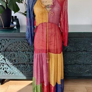 Bohemian Sheer Colorblock Metallic Maxi Dress - Multicolor